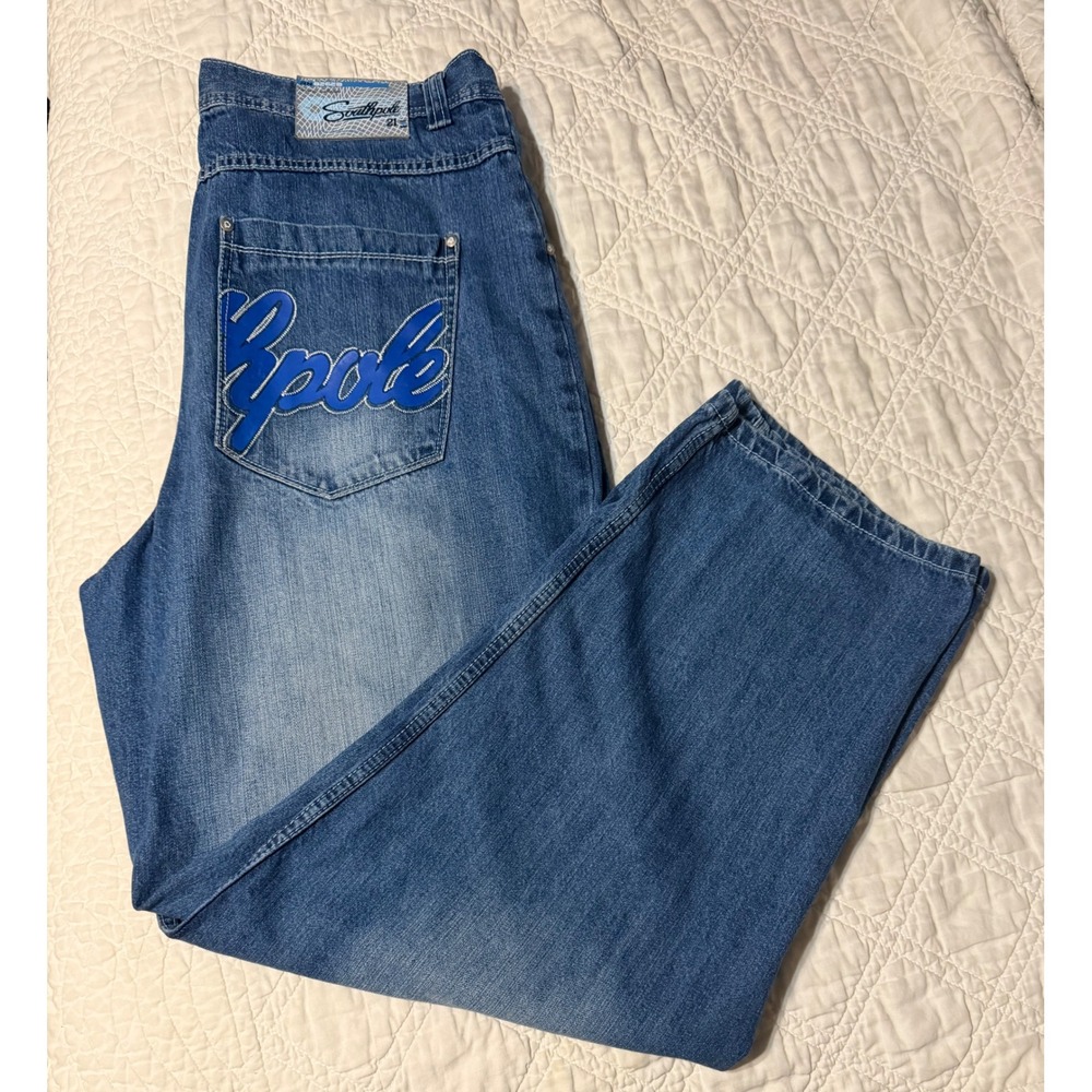 Southpole Baggy Jeans Mens 40 Blue Script Embroidery Y2K Streetwear Wide Leg